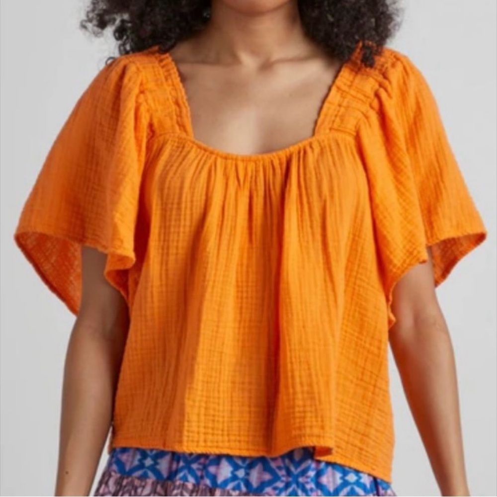 Xirena Cotton Gauze Crop Top in Orange Size Large Square Neck Flowy Sleeves